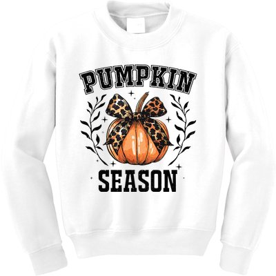 Cute Coquette Bows Pumpkin Season Happy Autumn Fall Leopard Kids Sweatshirt