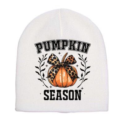 Cute Coquette Bows Pumpkin Season Happy Autumn Fall Leopard Short Acrylic Beanie