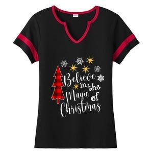 Cute Casual Believe In Magic Of Christmas Tree Buffalo Plaid Great Gift Ladies Halftime Notch Neck Tee