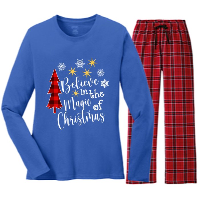 Cute Casual Believe In Magic Of Christmas Tree Buffalo Plaid Great Gift Women's Long Sleeve Flannel Pajama Set 