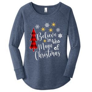 Cute Casual Believe In Magic Of Christmas Tree Buffalo Plaid Great Gift Women's Perfect Tri Tunic Long Sleeve Shirt