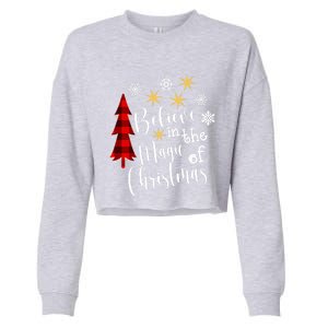 Cute Casual Believe In Magic Of Christmas Tree Buffalo Plaid Great Gift Cropped Pullover Crew