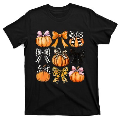 Cute Coquette Bows Pumpkin Season Halloween Autumn Fall T-Shirt