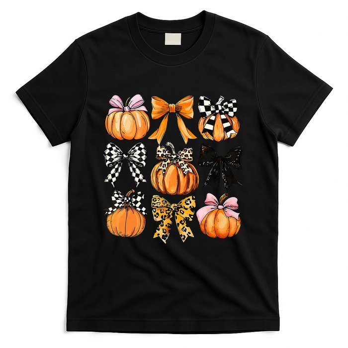 Cute Coquette Bows Pumpkin Season Halloween Autumn Fall T-Shirt