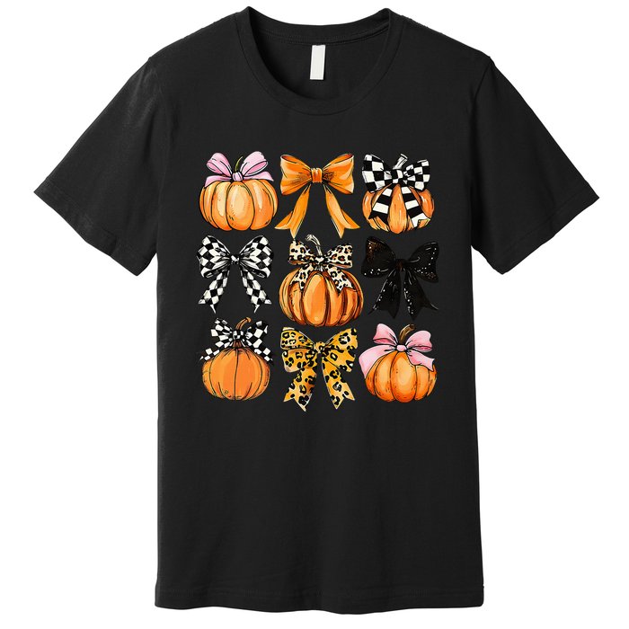 Cute Coquette Bows Pumpkin Season Halloween Autumn Fall Premium T-Shirt