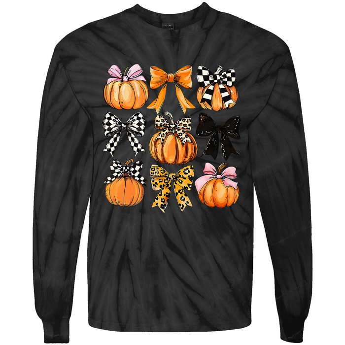 Cute Coquette Bows Pumpkin Season Halloween Autumn Fall Tie-Dye Long Sleeve Shirt