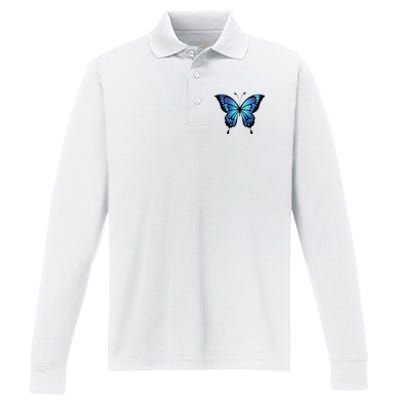 Cute Colorful Blue Butterfly Performance Long Sleeve Polo