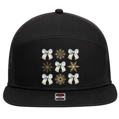 Christmas Coquette Bows With Snow Flake Cute Blue Bows Cool Gift 7 Panel Mesh Trucker Snapback Hat