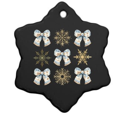 Christmas Coquette Bows With Snow Flake Cute Blue Bows Cool Gift Ceramic Star Ornament