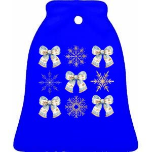 Christmas Coquette Bows With Snow Flake Cute Blue Bows Cool Gift Ceramic Bell Ornament