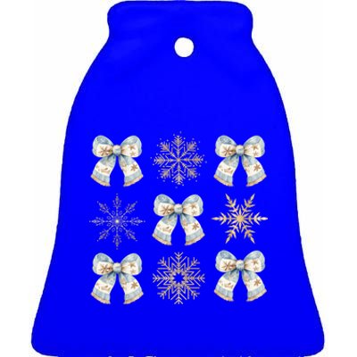 Christmas Coquette Bows With Snow Flake Cute Blue Bows Cool Gift Ceramic Bell Ornament