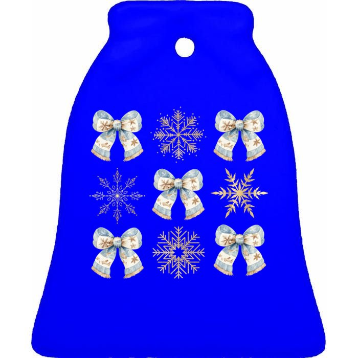 Christmas Coquette Bows With Snow Flake Cute Blue Bows Cool Gift Ceramic Bell Ornament