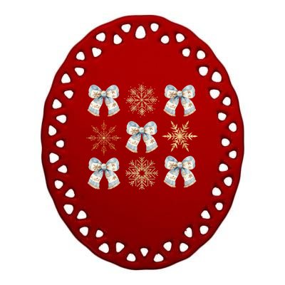 Christmas Coquette Bows With Snow Flake Cute Blue Bows Cool Gift Ceramic Oval Ornament