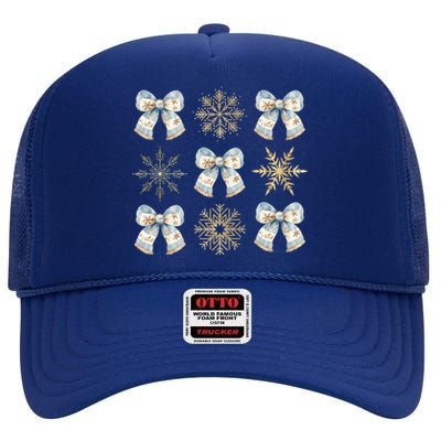 Christmas Coquette Bows With Snow Flake Cute Blue Bows Cool Gift High Crown Mesh Back Trucker Hat