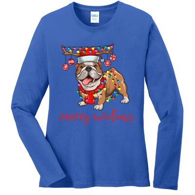 Christmas Cute Bulldog Dog Holiday Lights Merry Woofmas Gift Ladies Long Sleeve Shirt