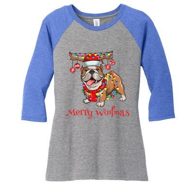 Christmas Cute Bulldog Dog Holiday Lights Merry Woofmas Gift Women's Tri-Blend 3/4-Sleeve Raglan Shirt