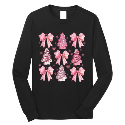 Cute Coquette Bow Christmas Tree Cake Funny Xmas Long Sleeve Shirt