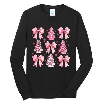 Cute Coquette Bow Christmas Tree Cake Funny Xmas Tall Long Sleeve T-Shirt