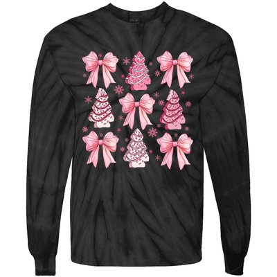 Cute Coquette Bow Christmas Tree Cake Funny Xmas Tie-Dye Long Sleeve Shirt