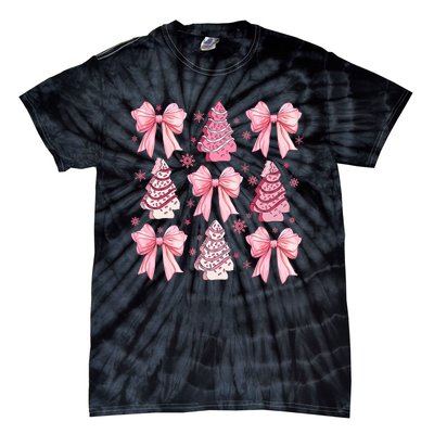 Cute Coquette Bow Christmas Tree Cake Funny Xmas Tie-Dye T-Shirt