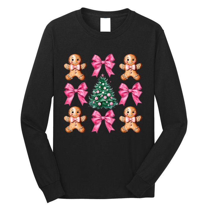 Cute Coquette Bow Xmas Gingerbread Man Christmas Tree Long Sleeve Shirt