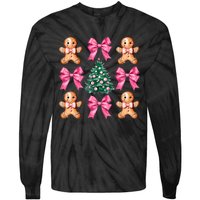 Cute Coquette Bow Xmas Gingerbread Man Christmas Tree Tie-Dye Long Sleeve Shirt