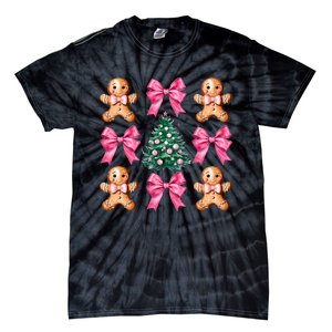 Cute Coquette Bow Xmas Gingerbread Man Christmas Tree Tie-Dye T-Shirt