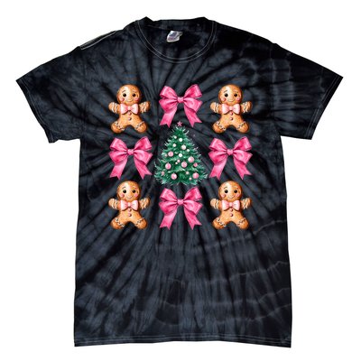 Cute Coquette Bow Xmas Gingerbread Man Christmas Tree Tie-Dye T-Shirt