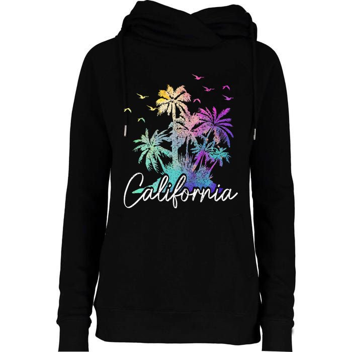 California Cali Beach Vintage Palm Trees Vacation Womens Funnel Neck Pullover Hood