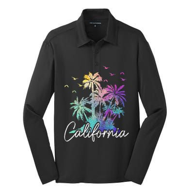 California Cali Beach Vintage Palm Trees Vacation Silk Touch Performance Long Sleeve Polo