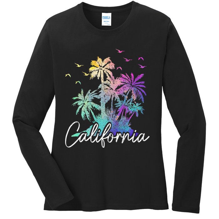 California Cali Beach Vintage Palm Trees Vacation Ladies Long Sleeve Shirt