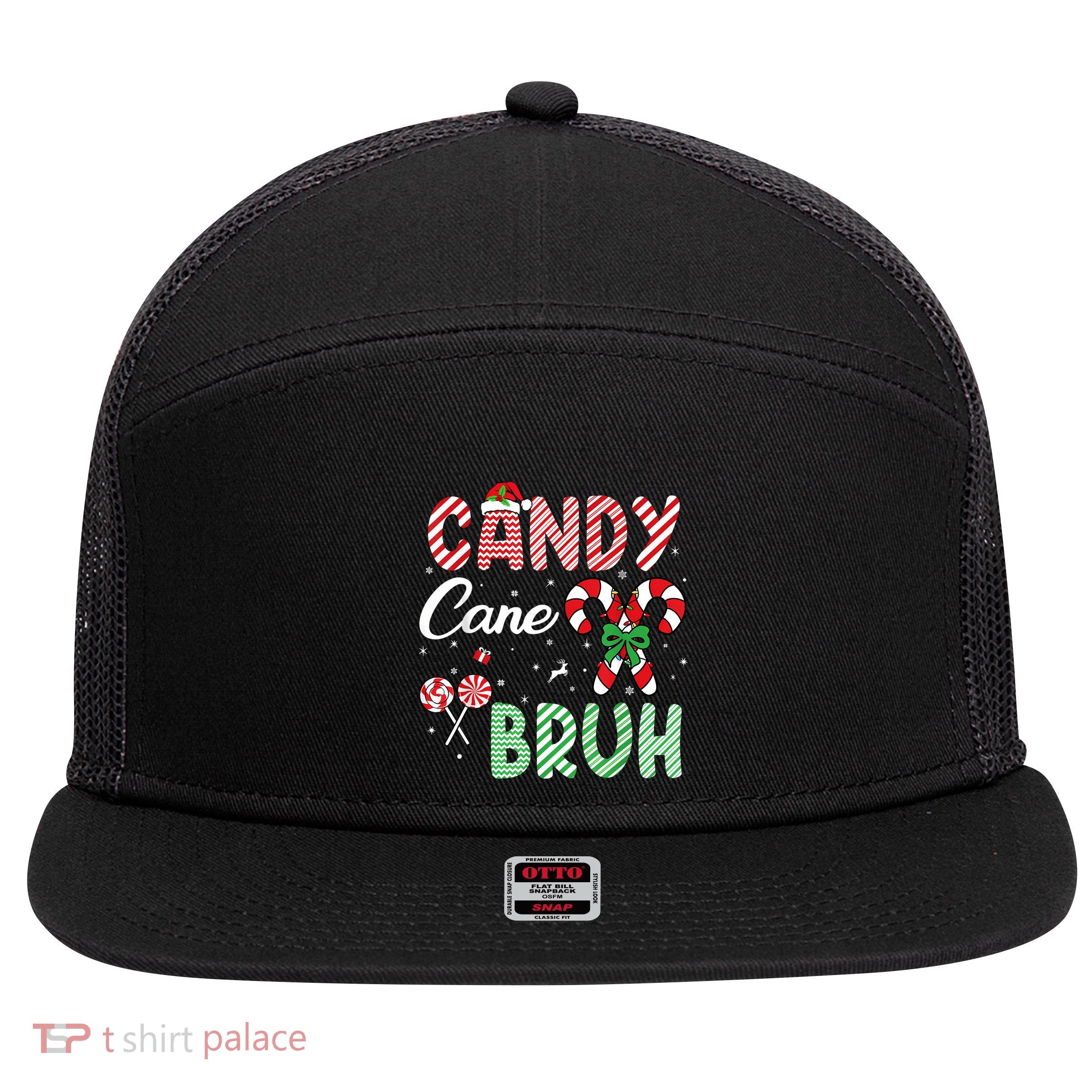 Candy Cane Bruh Funny Christmas Holiday 7 Panel Mesh Trucker Snapback Hat