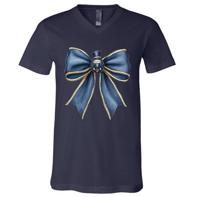 Coquette Christmas Bow Women Holiday Ribbon Mistletoe V-Neck T-Shirt