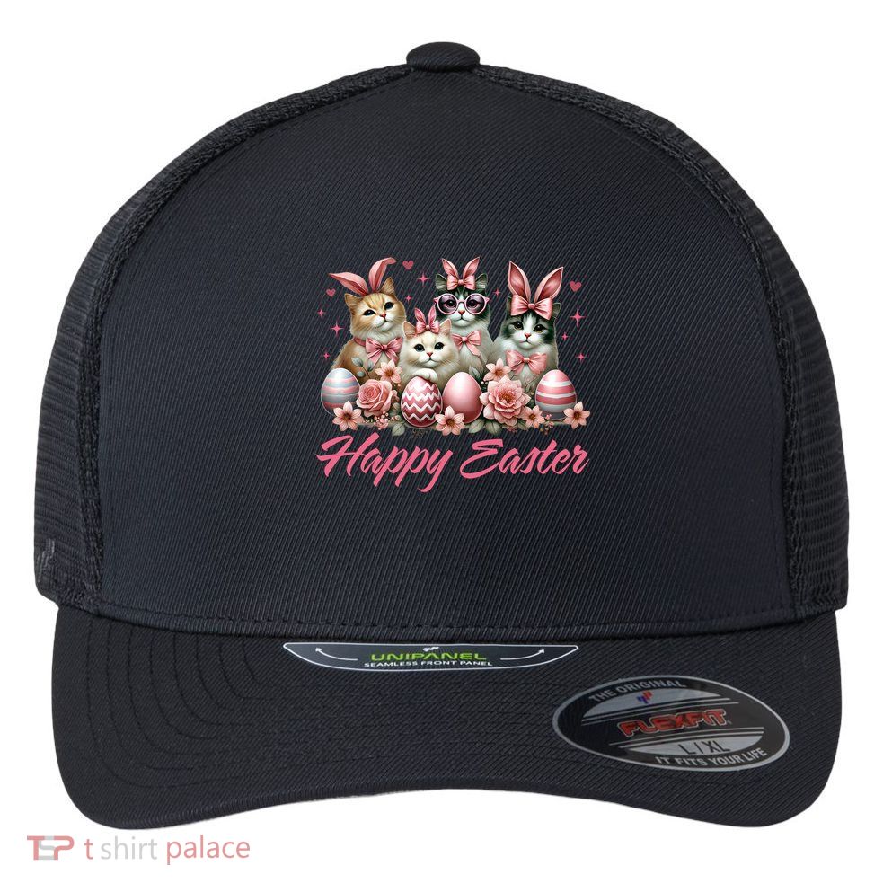 Cute Cat Bunny Happy Easter Cat Lover Kitty Rabbit Cat Mom  Flexfit Unipanel Trucker Cap