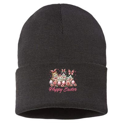Cute Cat Bunny Happy Easter Cat Lover Kitty Rabbit Cat Mom  Sustainable Knit Beanie