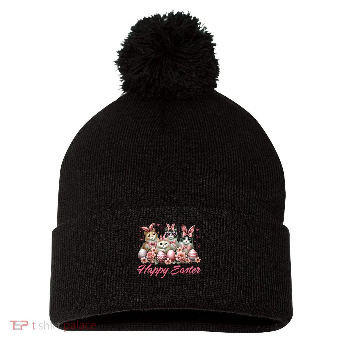 Cute Cat Bunny Happy Easter Cat Lover Kitty Rabbit Cat Mom  Pom Pom 12in Knit Beanie