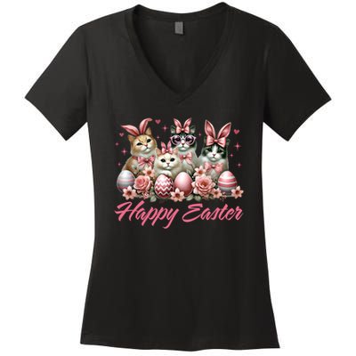 Cute Cat Bunny Happy Easter Cat Lover Kitty Rabbit Cat Mom  Women's V-Neck T-Shirt