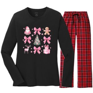 Cute Coquette Bow Christmas Tree Santa Gingerbread Xmas Women's Long Sleeve Flannel Pajama Set 