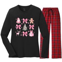 Cute Coquette Bow Christmas Tree Santa Gingerbread Xmas Women's Long Sleeve Flannel Pajama Set 