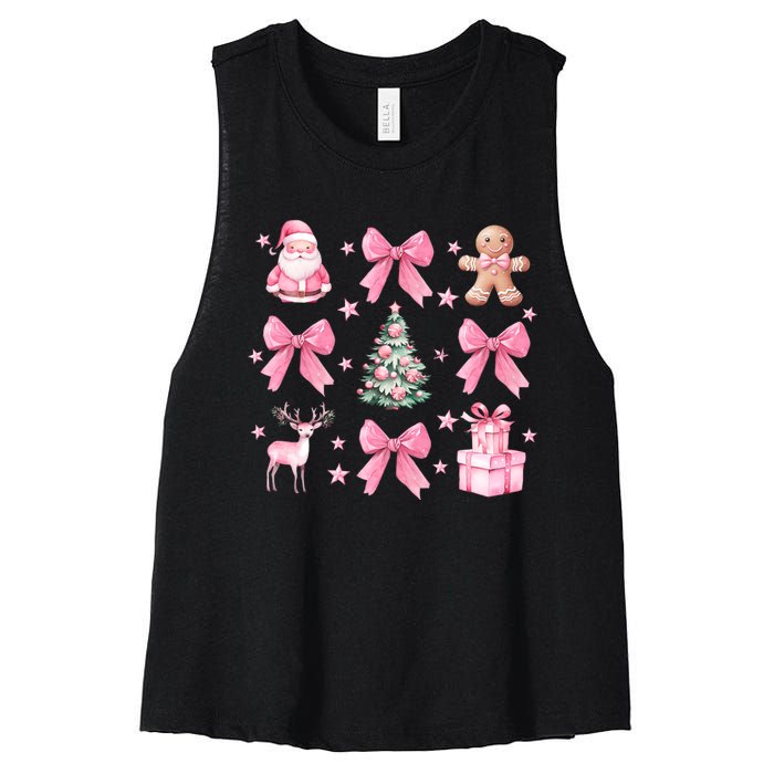 Cute Coquette Bow Christmas Tree Santa Gingerbread Xmas Women's Racerback Cropped Tank