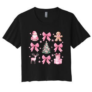 Cute Coquette Bow Christmas Tree Santa Gingerbread Xmas Women's Crop Top Tee