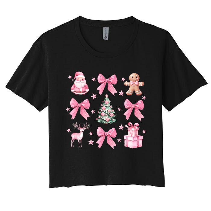 Cute Coquette Bow Christmas Tree Santa Gingerbread Xmas Women's Crop Top Tee