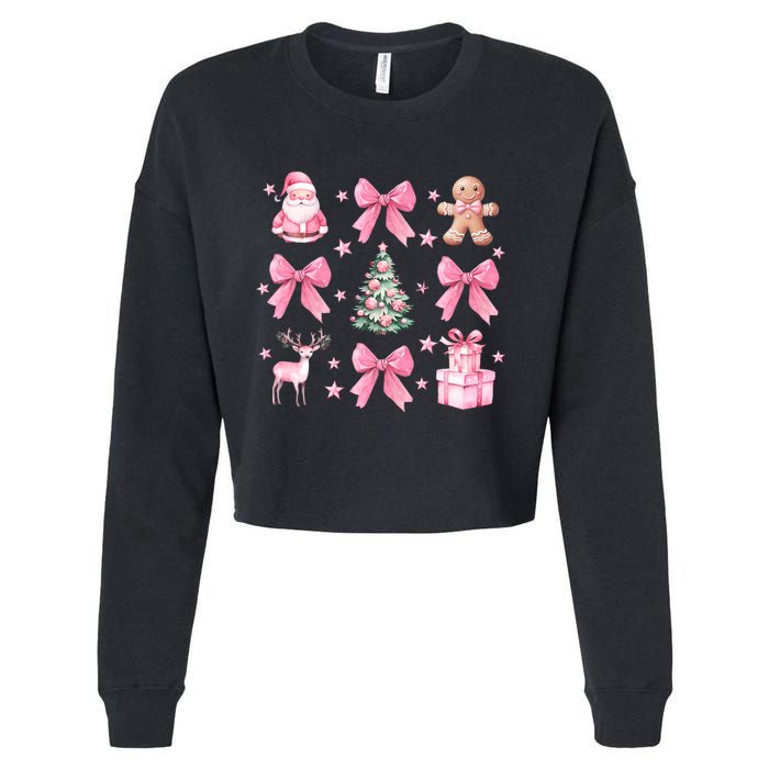 Cute Coquette Bow Christmas Tree Santa Gingerbread Xmas Cropped Pullover Crew