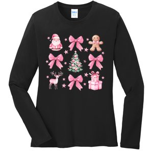 Cute Coquette Bow Christmas Tree Santa Gingerbread Xmas Ladies Long Sleeve Shirt