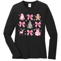 Cute Coquette Bow Christmas Tree Santa Gingerbread Xmas Ladies Long Sleeve Shirt