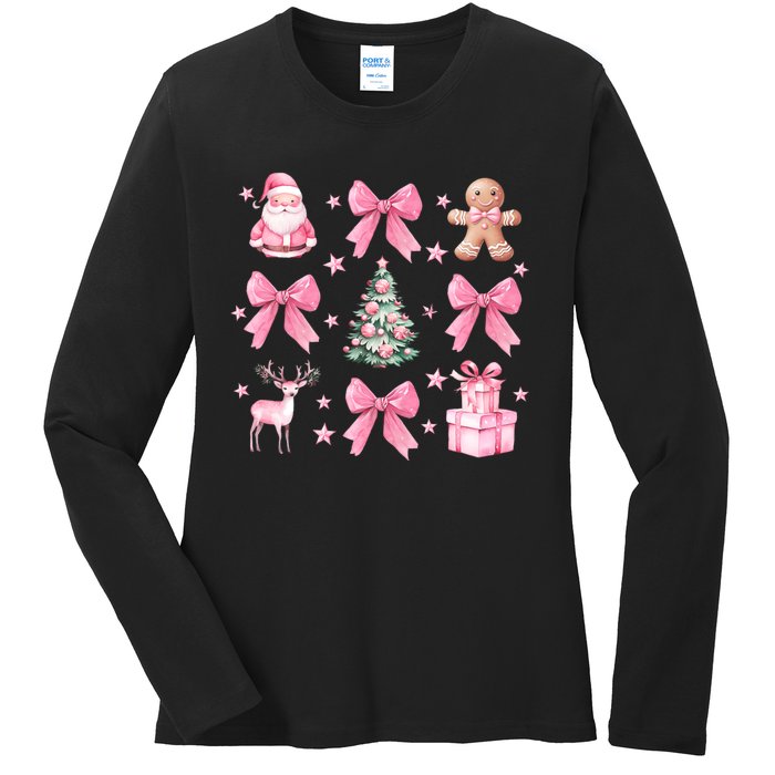 Cute Coquette Bow Christmas Tree Santa Gingerbread Xmas Ladies Long Sleeve Shirt