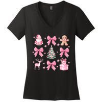 Cute Coquette Bow Christmas Tree Santa Gingerbread Xmas Women's V-Neck T-Shirt