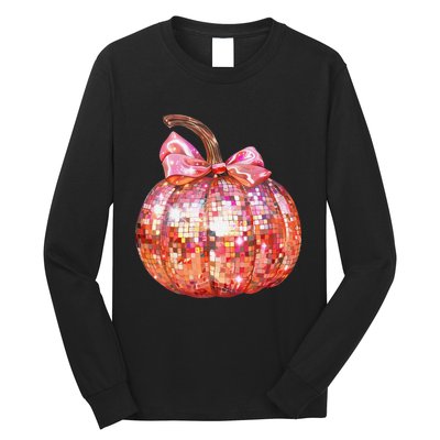 Cute Coquette Bow Disco Pumpkin Fall Autumn Funny Halloween Long Sleeve Shirt