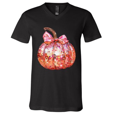 Cute Coquette Bow Disco Pumpkin Fall Autumn Funny Halloween V-Neck T-Shirt