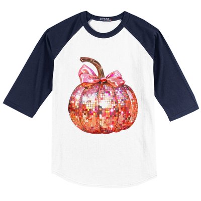 Cute Coquette Bow Disco Pumpkin Fall Autumn Funny Halloween Baseball Sleeve Shirt